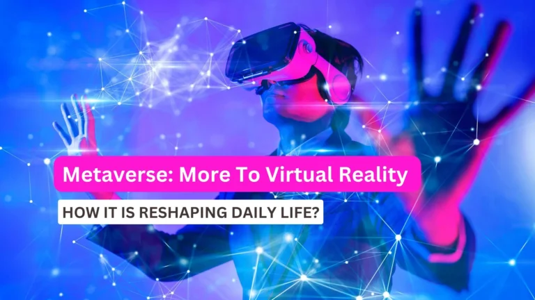 A man wearing a virtual reality headset interacts with a glowing digital interface, surrounded by neon blue and pink light and interconnected network nodes, symbolizing immersion in the Metaverse.