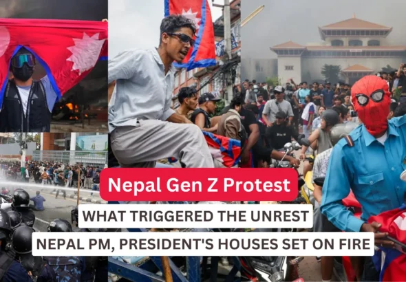 A cover image for a news article titled "Nepal Gen Z Protest: Why Young Nepalis Are Taking to the Streets." The title is on a white banner with a red and purple background. The image is a collage of five photos: 1. **Top left:** A person wearing a mask and goggles holds a large Nepali flag in front of a fire. 2. **Top center:** A young man in a white shirt and sunglasses sits atop a pole or barrier with a Nepali flag in the background. 3. **Top right:** A crowd of people stands in front of a large, traditional building. 4. **Bottom left:** Police in riot gear are shown, with some officers using a fire hose on a crowd of protestors. 5. **Bottom right:** A person in a Spider-Man mask and a light blue shirt stands next to a person in a police or military-style hat, and both are smiling. The subtitle below the main title reads: "WHAT TRIGGERED THE UNREST," and "NEPAL PM, PRESIDENT'S HOUSES SET ON FIRE."