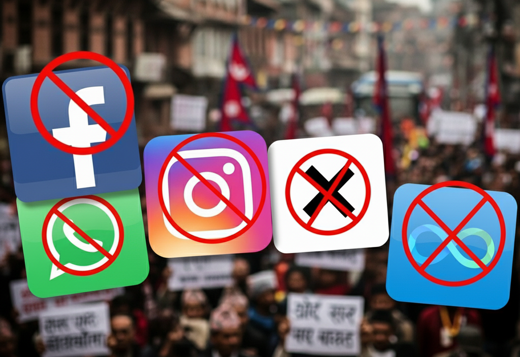 A stylized image showing four popular social media and messaging app logos with red "no" symbols over them. From left to right, the logos are: **Facebook** (with **WhatsApp** below it), **Instagram**, **X** (formerly Twitter), and **TikTok**. The background is a blurry photo of a crowd of people protesting, some holding signs. The overall impression is a protest against social media.