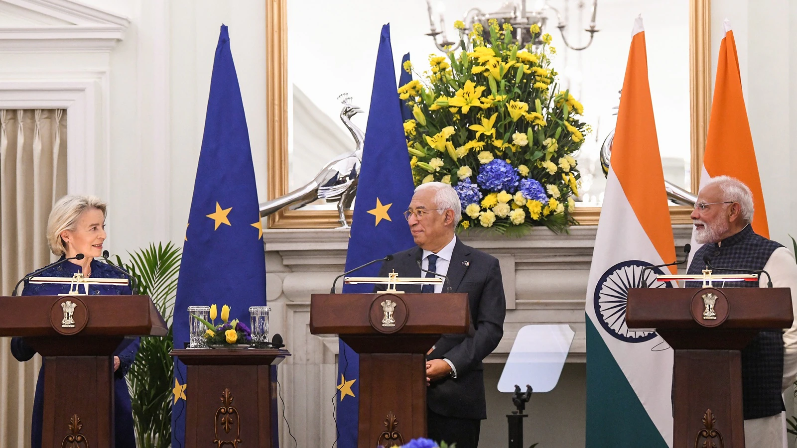 Prime Minister Narendra Modi, with President of the European Council António Luís Santos da Costa, and President of the European Commission Ursula von der Leyen, during the signing of India-EU FTA at Hyderabad House, in New. Source_Decode Journalism