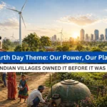 A cinematic, ultra-realistic landscape scene set in a sustainable Indian village at sunrise.