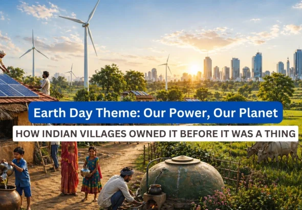 A cinematic, ultra-realistic landscape scene set in a sustainable Indian village at sunrise.