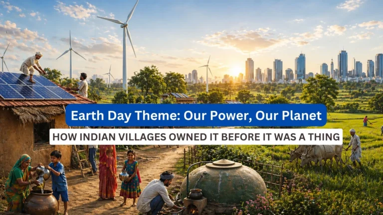 A cinematic, ultra-realistic landscape scene set in a sustainable Indian village at sunrise.