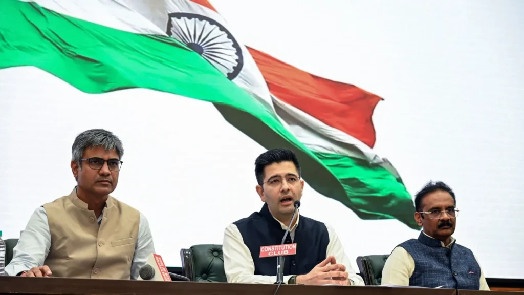 Raghav Chadha, sandeep Pathak and Ashok Mittal during press Conference 