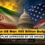 US Capitol building with text overlay reading Iran US war budget plan approved by House