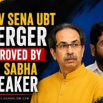 Uddhav Thackeray and Eknath Shinde with the Indian Parliament in the background, representing the Shiv Sena UBT merger approved by the Lok Sabha Speaker.