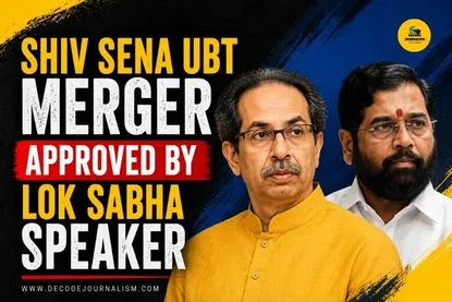 Uddhav Thackeray and Eknath Shinde with the Indian Parliament in the background, representing the Shiv Sena UBT merger approved by the Lok Sabha Speaker.