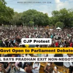 CJP Protest news banner showing Jantar Mantar demonstration and Parliament building representing the ongoing paper leak standoff