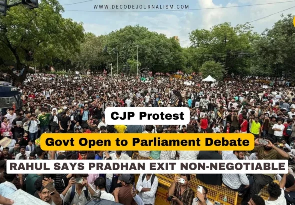 CJP Protest news banner showing Jantar Mantar demonstration and Parliament building representing the ongoing paper leak standoff