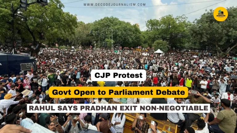 CJP Protest news banner showing Jantar Mantar demonstration and Parliament building representing the ongoing paper leak standoff