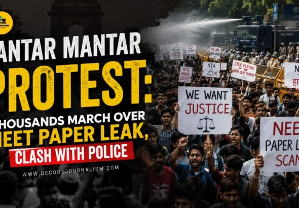 Protesters and police clash near Parliament during the Jantar Mantar protest over the NEET paper leak.Image of a large student protest march in an Indian city street, police barricades, tear gas smoke in the background
