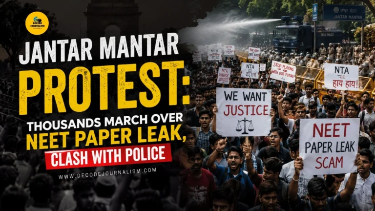 Protesters and police clash near Parliament during the Jantar Mantar protest over the NEET paper leak.Image of a large student protest march in an Indian city street, police barricades, tear gas smoke in the background